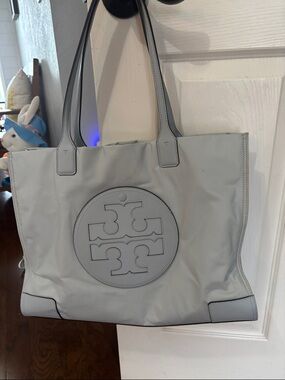 Tory Burch Pale Blue Gray Nylon Logo Tote